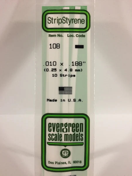 Evergreen 108 - .010" X .188" OPAQUE WHITE POLYSTYRENE STRIP