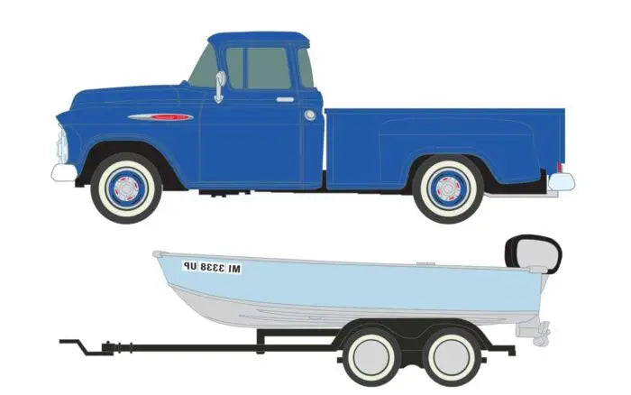 Mini Metals H.O. Scale 40012 1957 Chevy Step Side Pickup plus- Fishing Boat and Trailer