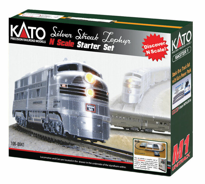 Kato N Scale 106-0041 CB&Q SILVER STREAK ZEPHYR STARTER SET