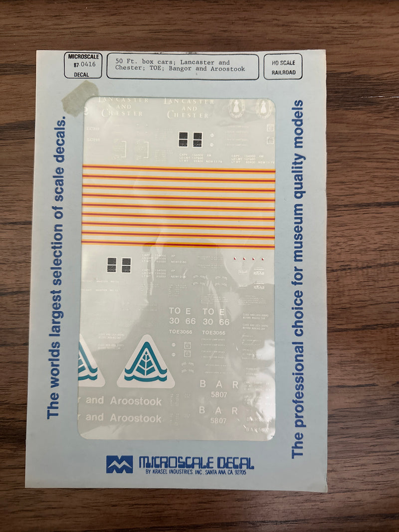 Microscale Decals HO Scale 87-416 50 Ft. box cars; Lancaster and Chester; TOE; Bangor and Aroostook