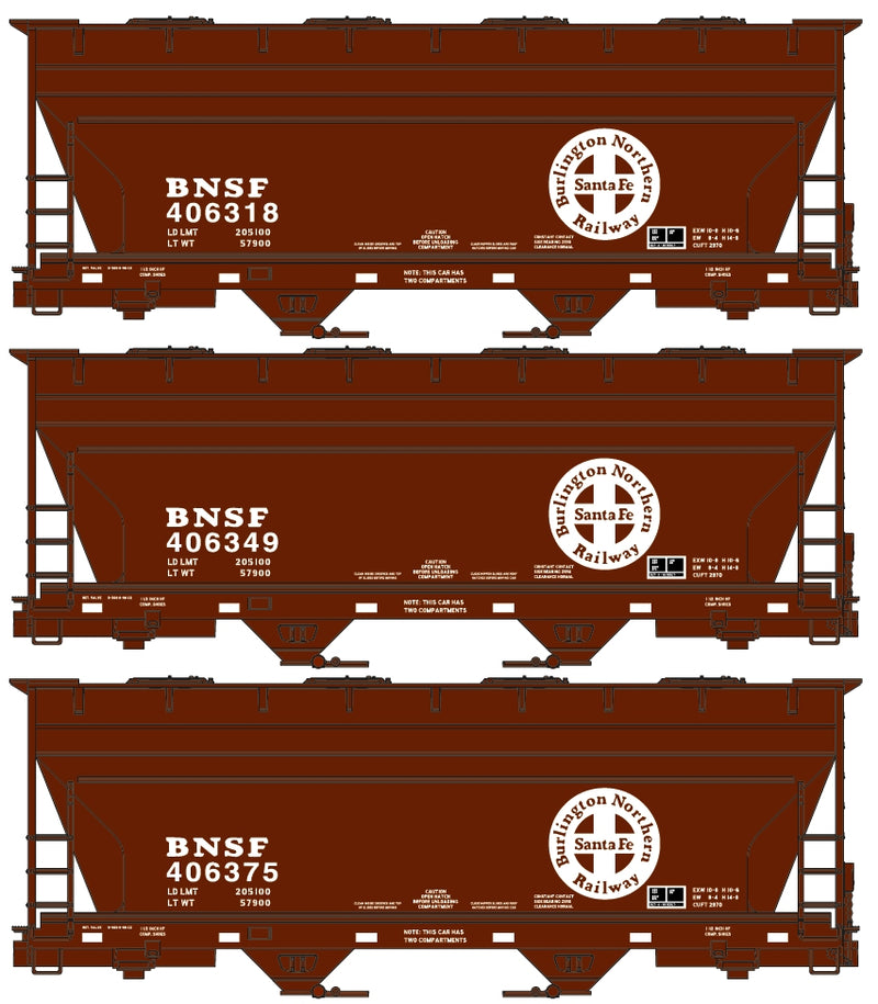 Accurail H.O. Scale 8139 BNSF (Brown) 2-Bay ACF Covered Hopper 3-Car Set Road 