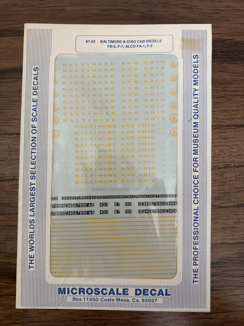 Microscale Decals HO Scale 87-52 Baltimore & Ohio Cab Diesels FB-2, F-7, ALCO FA-1, F-3