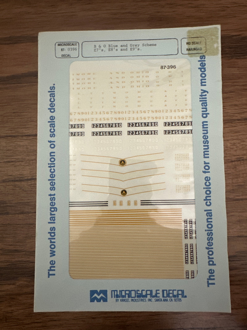 Microscale Decals HO Scale 87-396 B&amp;O Blue and Grey Scheme E7&
