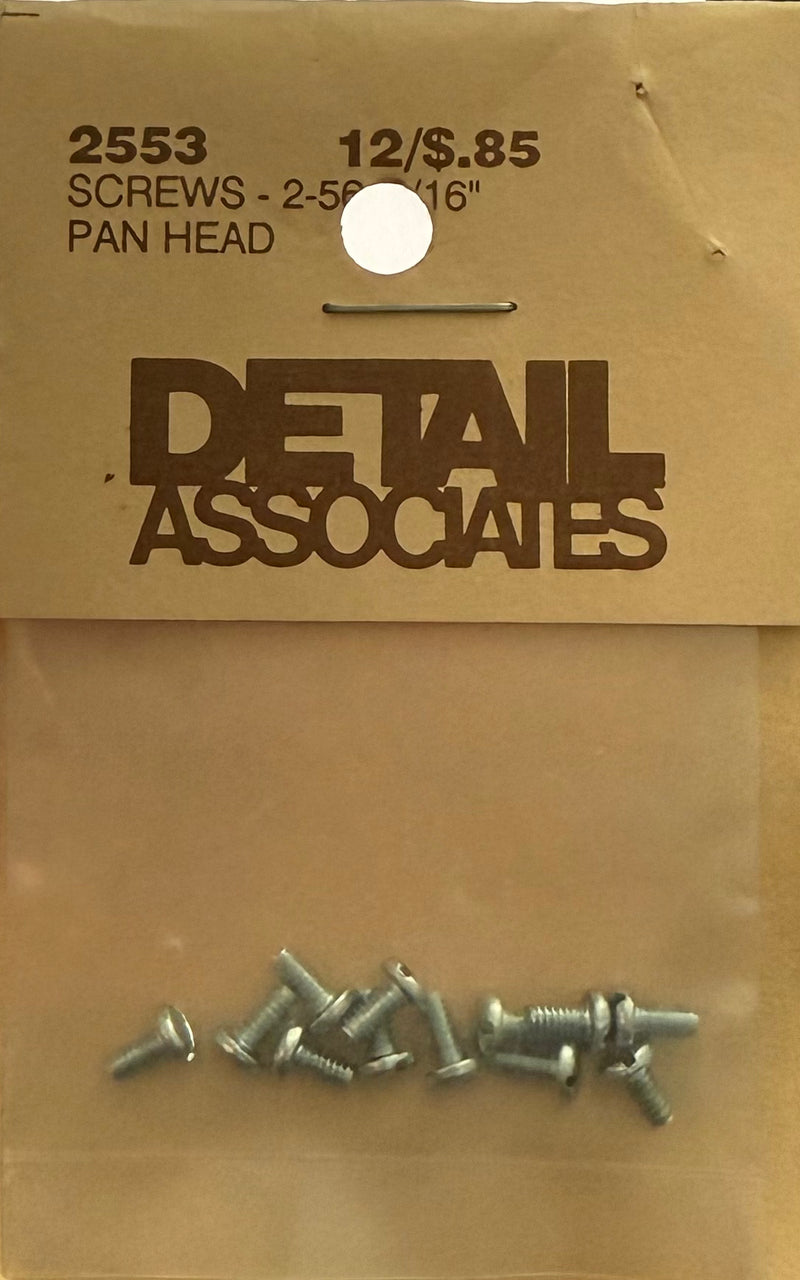 Details Associates H.O. Scale 2553 Pan Head Screws -- 2/56 x 3/16" pkg(10)