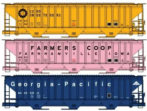 Accurail H.O. Scale 8127 Pullman-Standard 4750 3-Bay Covered Hopper 3-Pack - Kit -- Corn Sweeteners, Farmers Co-op Farnhamville, Georgia-Pacific