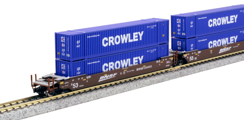 KATO N-Scale Gunderson MAXI-IV BNSF "Swoosh" Logo Well Car Set - includes 6 x Crowley Logistics Ribbed Magnetic 53&