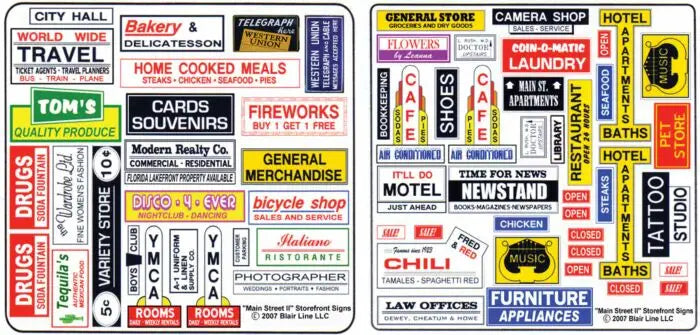 Blair Line H.O. Scale 154 Storefront & Advertising Signs -- Main Street Storefront II