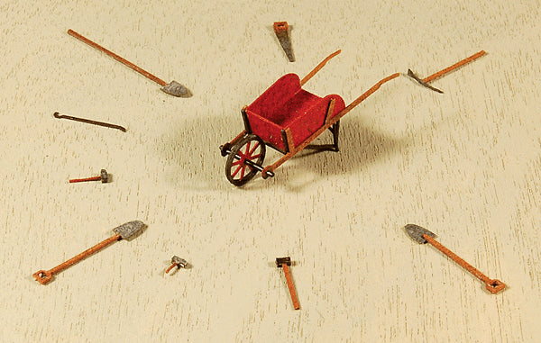 GC Laser H.O. Scale 1287 Wheelbarrow & Tool Set - Kit (Laser-Cut Wood) -- Wheelbarrow, 3 Shovels, 2 Hammers, Pry Bar, Pick, Saw, Sledge Hammer