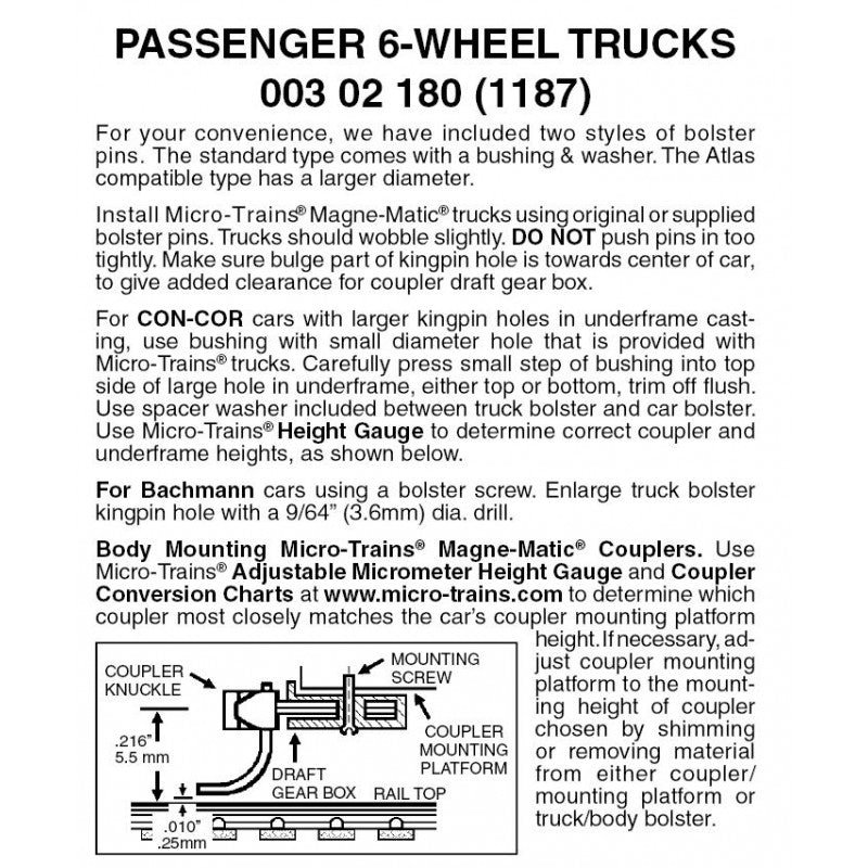 N Scale - Micro Trains - 003 02 180 6-wheel Passenger Truck 36" Wheels 1 pr (1187)