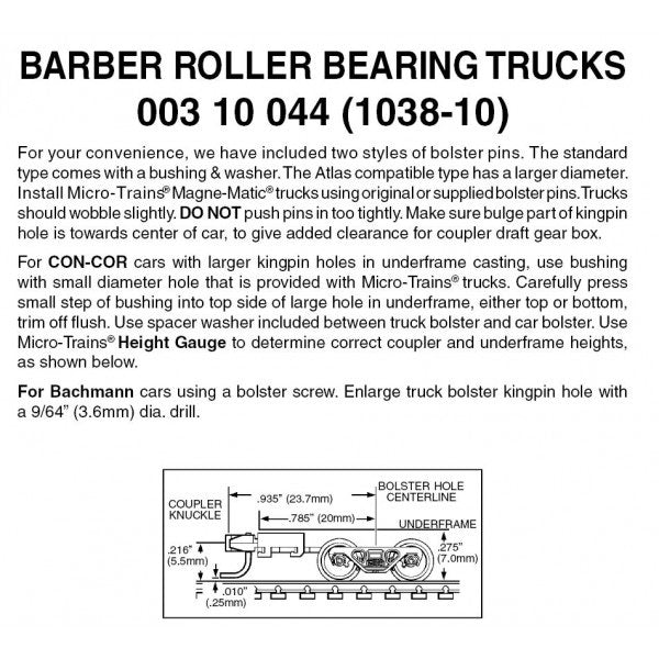 Micro Trains N Scale Barber Roller Bearing Trucks w/ long ext. couplers 10 pr (1038-10) 003 10 044