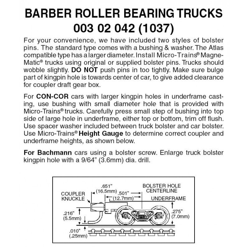 Micro-Trains N Scale Barber Roller Bearing Trucks w/ med. ext. couplers 1 pr. (1037) 003 02 042