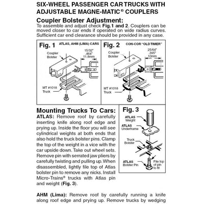 Micro-Trains N Scale 6-Wheel Passenger Car Trucks w/ adj. couplers Silver 1pr (1018S) 003 42 061