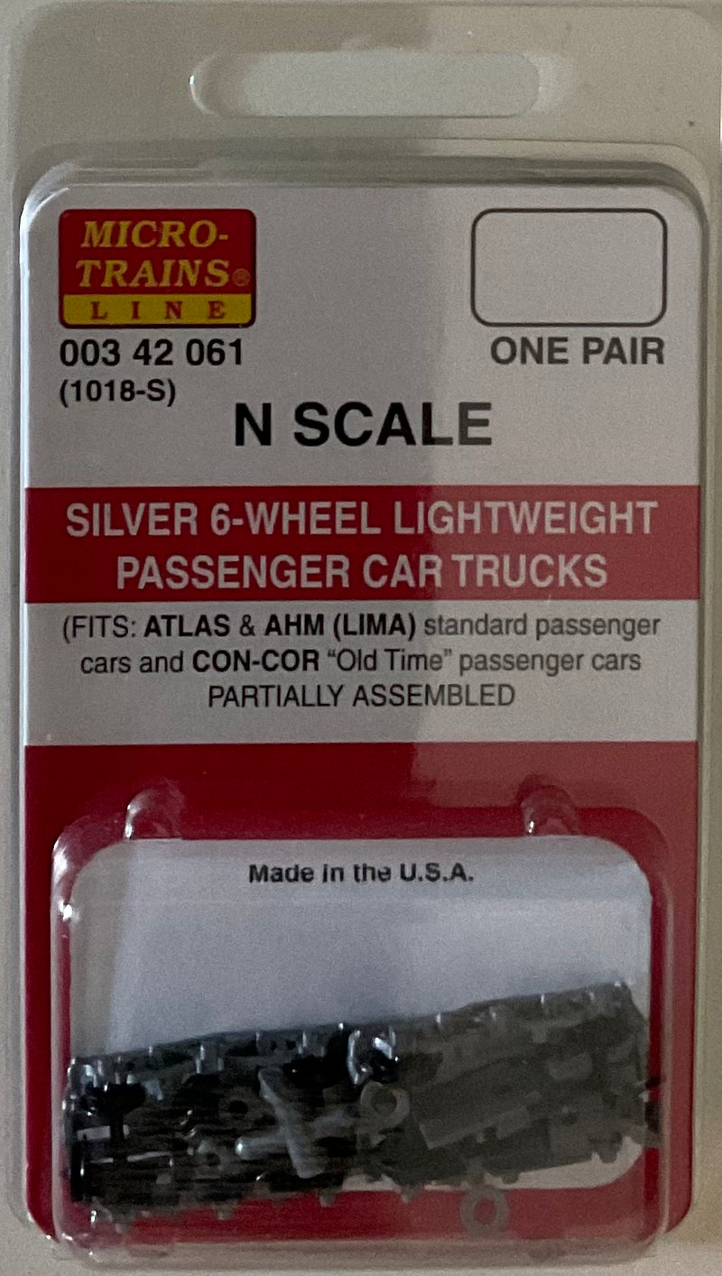 Micro-Trains N Scale 6-Wheel Passenger Car Trucks w/ adj. couplers Silver 1pr (1018S) 003 42 061