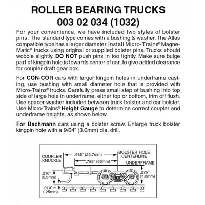 Micro-Trains N Scale 003 02 034 (1032) Roller Bearing Trucks w/ long ext. couplers 1 pr