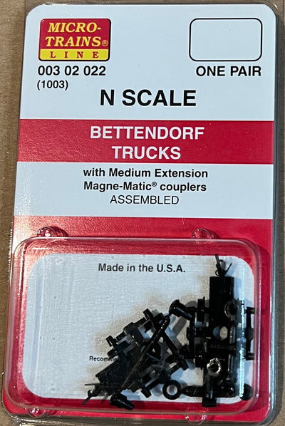 N Scale - Micro Trains - 003 02 022 Bettendorf Trucks w/ med. ext. couplers 1 pr (1003)