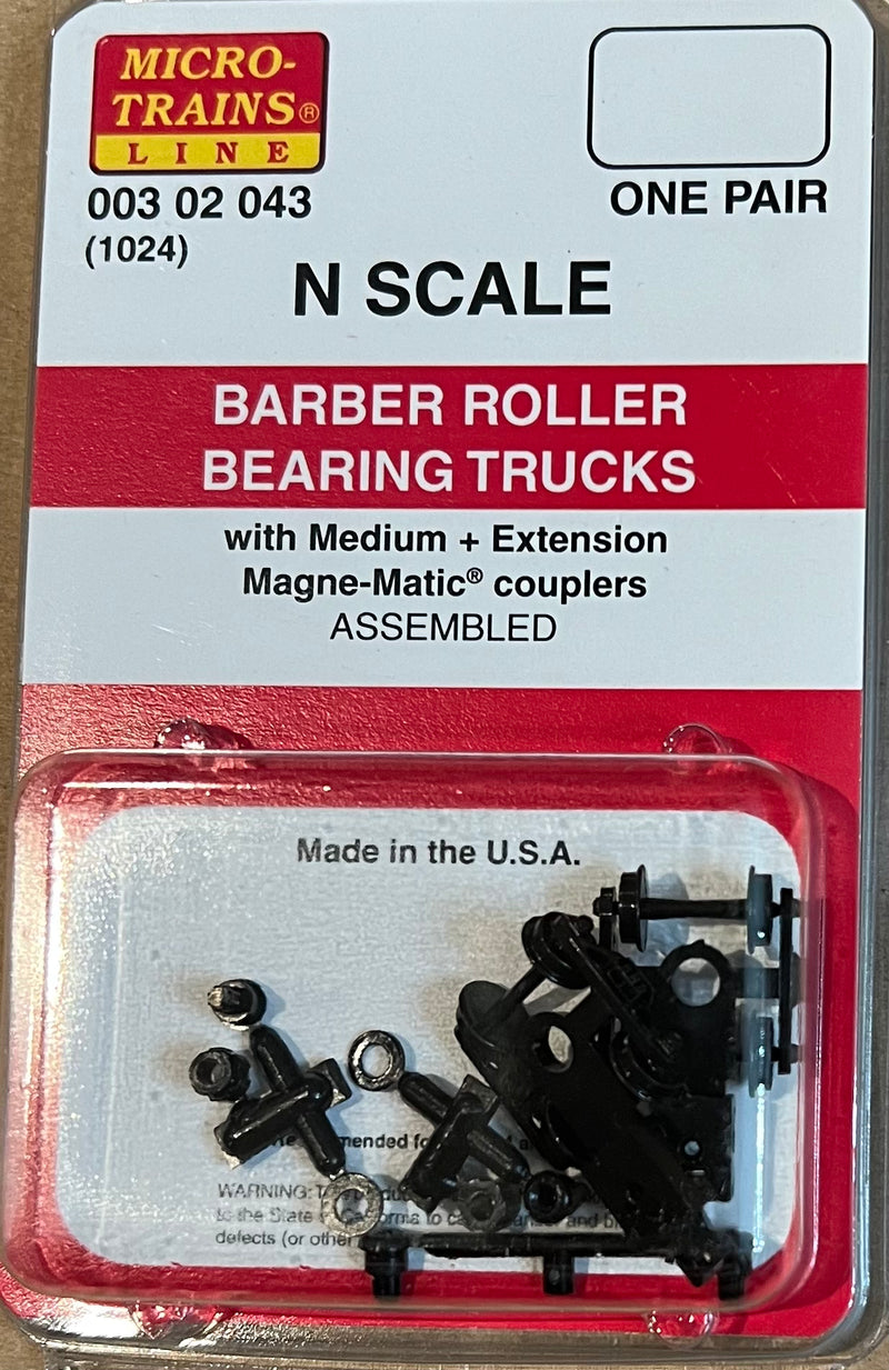 Micro-Trains N Scale 003 02 043 (1024) Barber Roller Bearing Trucks w/ med.(+) ext. couplers 1 pr