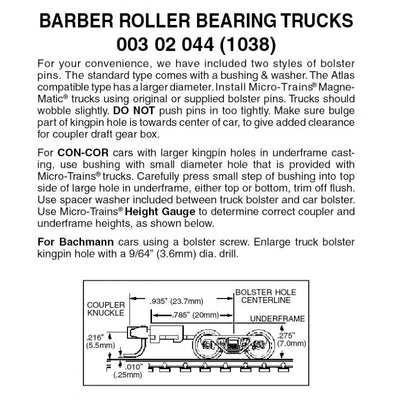 N Scale - Micro Trains - 003 02 044 Barber Roller Bearing Trucks w/ long ext. couplers 1 pr (1038)
