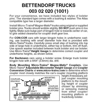 Micro-Trains N Scale 003 02 020 (1001) Bettendorf Trucks w/o couplers 1 pr