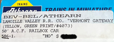 Athearn Blue Box H.O. Scale Lamoille Valley R.R. Co. 50’ A.C.F. Railbox car #4073 - 586-1