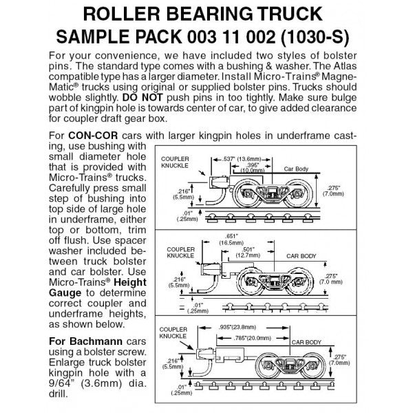 Micro Trains N Scale Roller Bearing Trucks sampler pack 3 pr (1030-S)  003 11 002