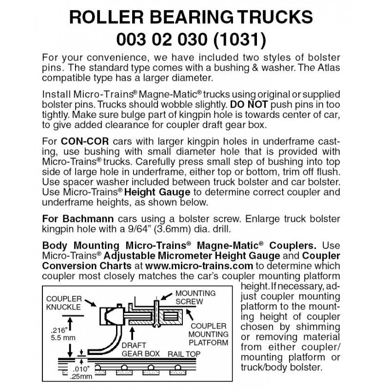 Micro-Trains N Scale 003 02 030 (1031) Roller Bearing Trucks w/o couplers 1 pr.