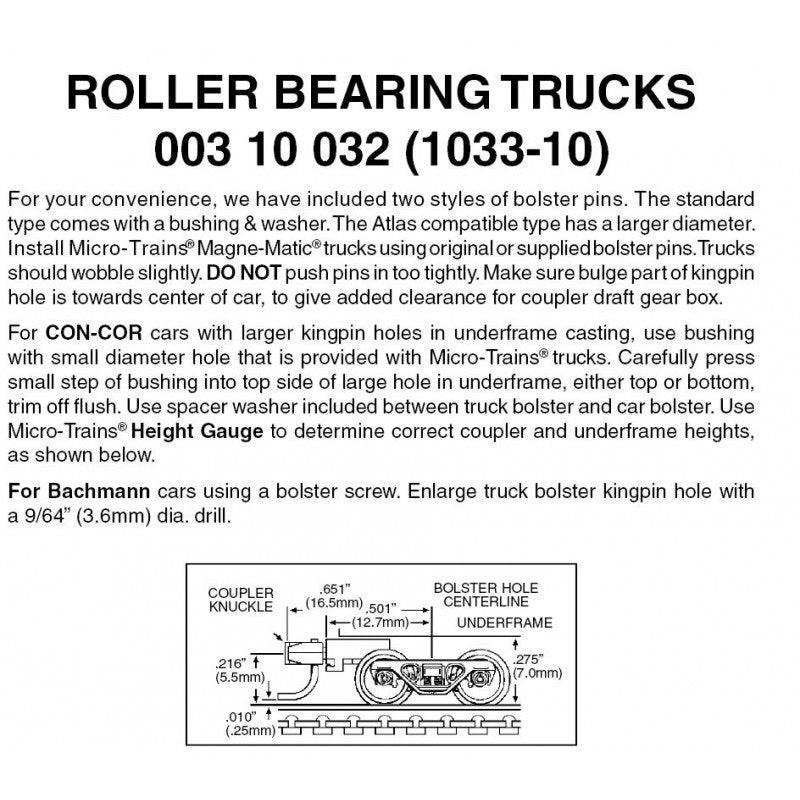 Micro Trains N Scale Roller Bearing Trucks w/ medium ext. couplers 10pr (1033-10) 003 10 032