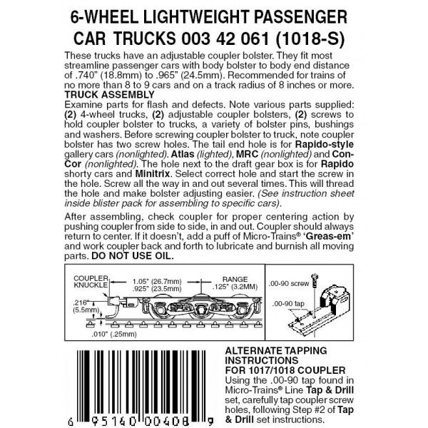 Micro-Trains N Scale 6-Wheel Passenger Car Trucks w/ adj. couplers Silver 1pr (1018S) 003 42 061