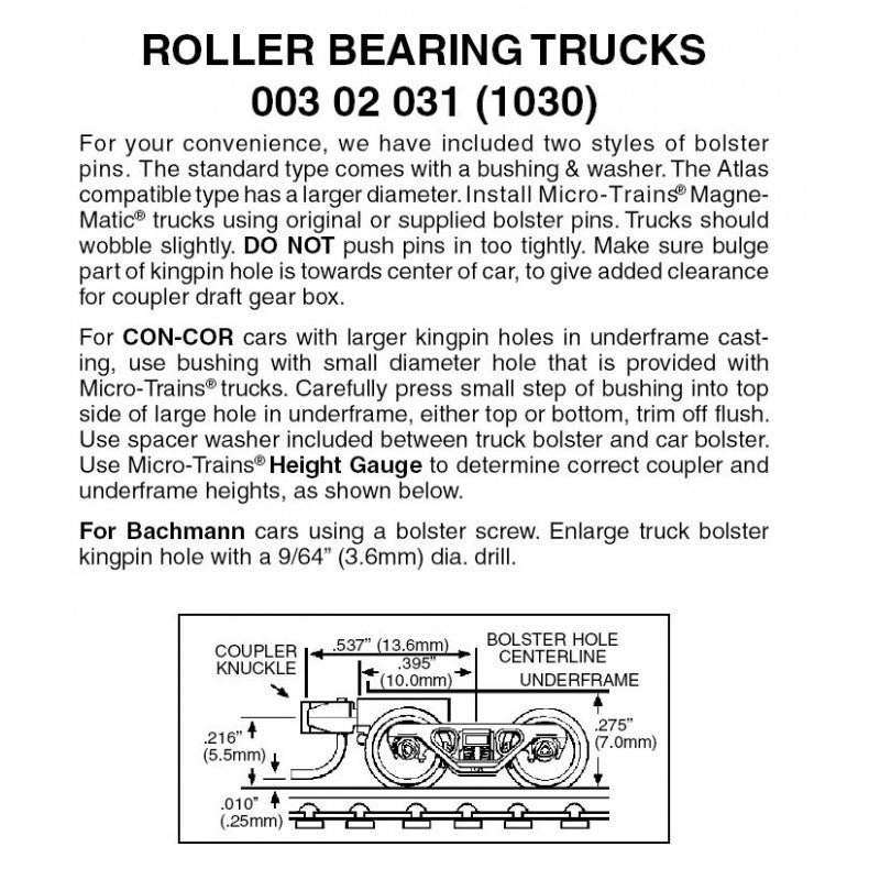 Micro-Trains N Scale 003 02 031 (1030) Roller Bearing Trucks with short ext. couplers 1 pr