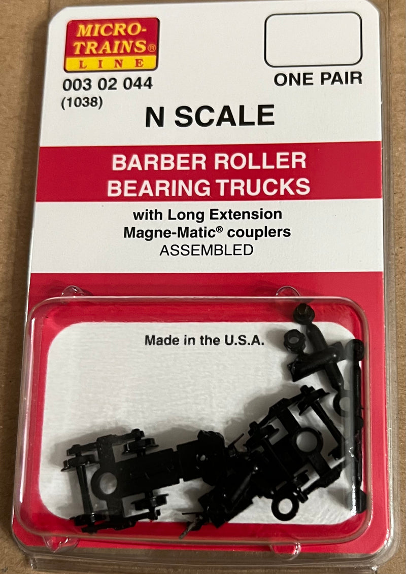 Micro-Trains N Scale 003 02 044 (1038) Barber Roller Bearing Trucks w/ long ext. couplers 1 pr