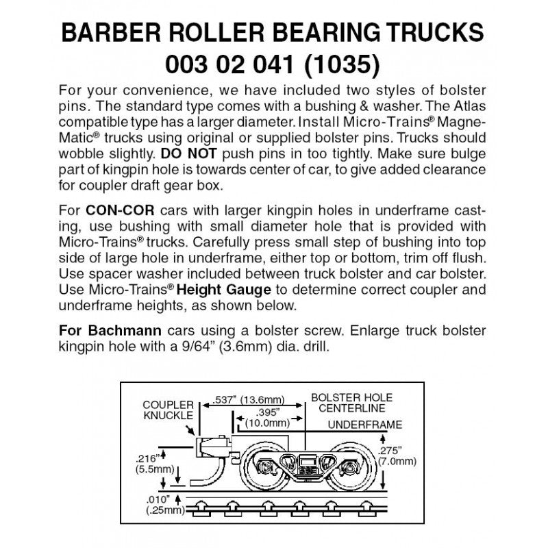 Micro-Trains N Scale 003 02 041 Barber Roller Bearing Trucks w/ short ext. couplers 1 pr. (1035)