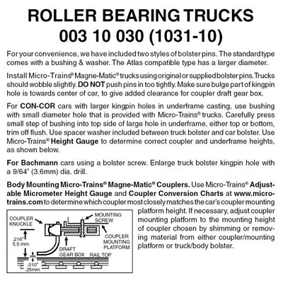 Micro Trains N Scale Roller Bearing Trucks w/o couplers 10 pr (1031-10) 003 10 030
